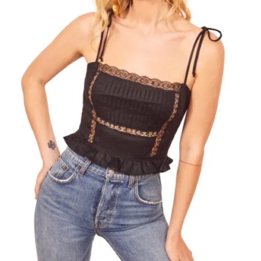 Reformation Mason Black Lace Tie Strap Cropped Camisole, 100% Linen